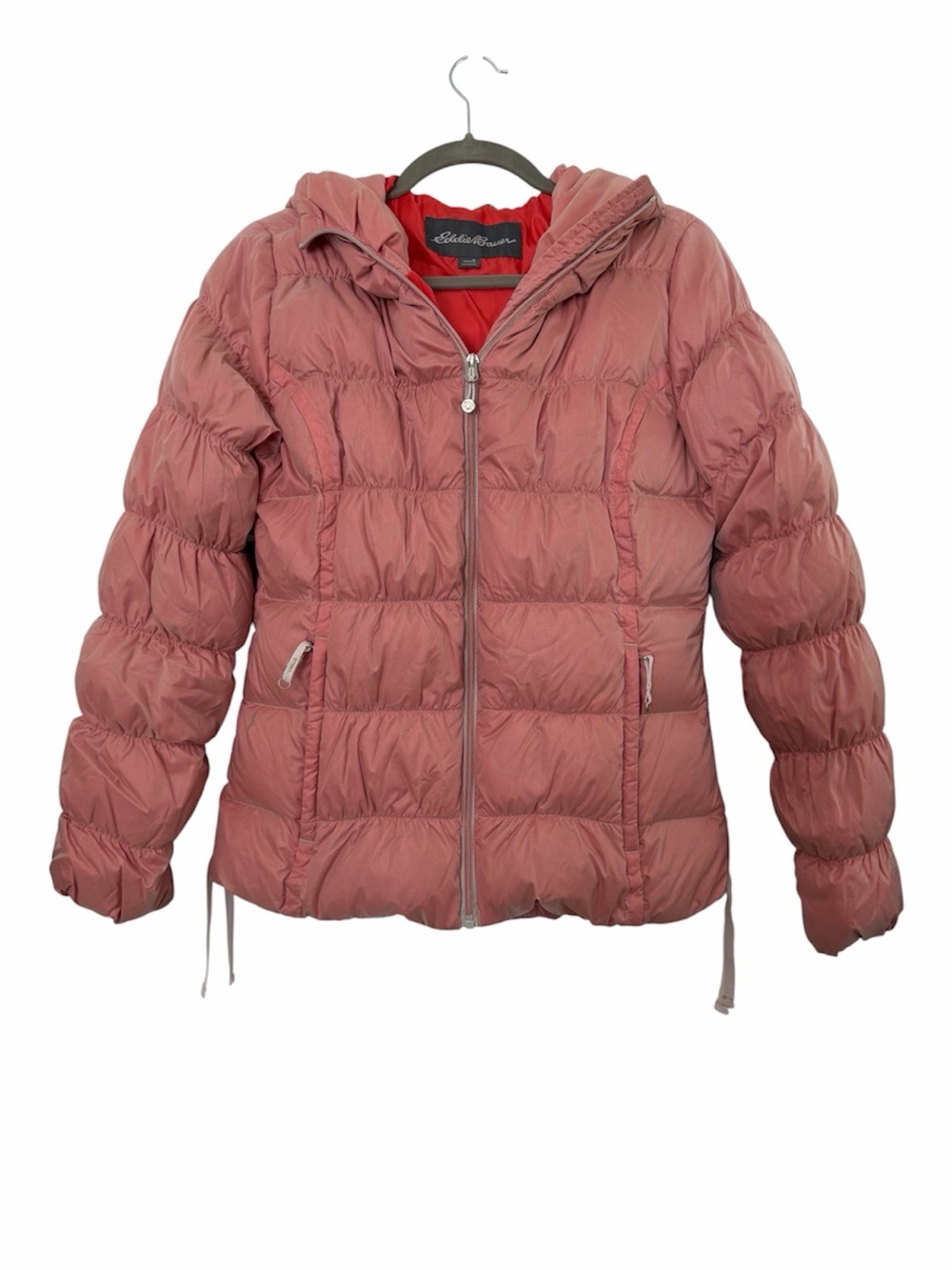 Eddie Bauer Layered Sheer Overlay Goose Down Puffer Jacket Faux Fur Hood S